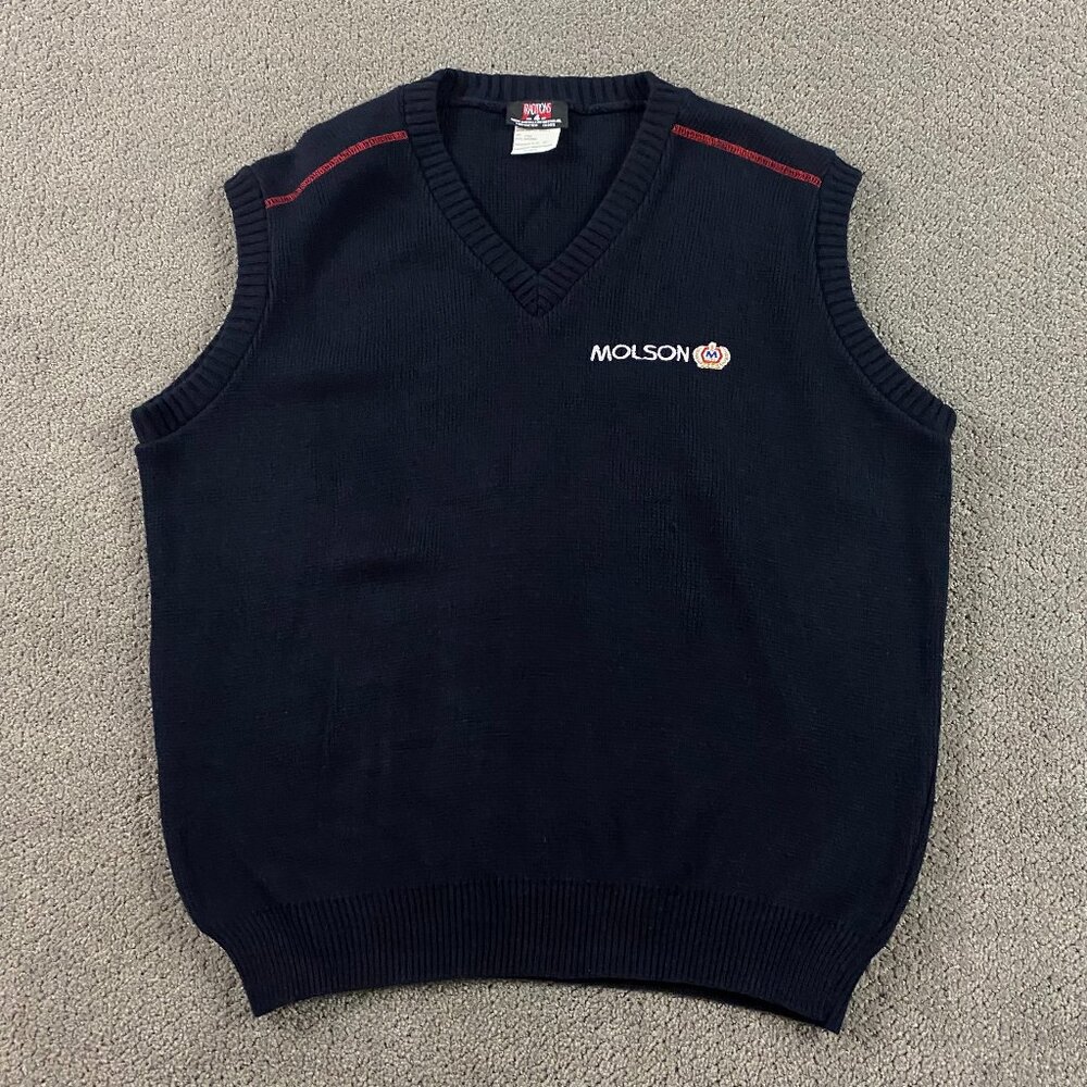 Vintage Molson Beer Lager Knit Sweater Vest Men's XL Navy Blue Acrylic